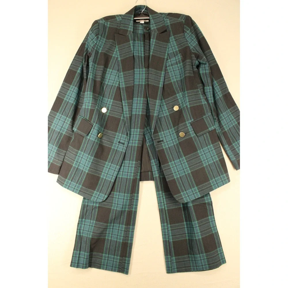 Free Assembly Women Green Black Plaid Double Breasted Blazer and Pants Suit Set